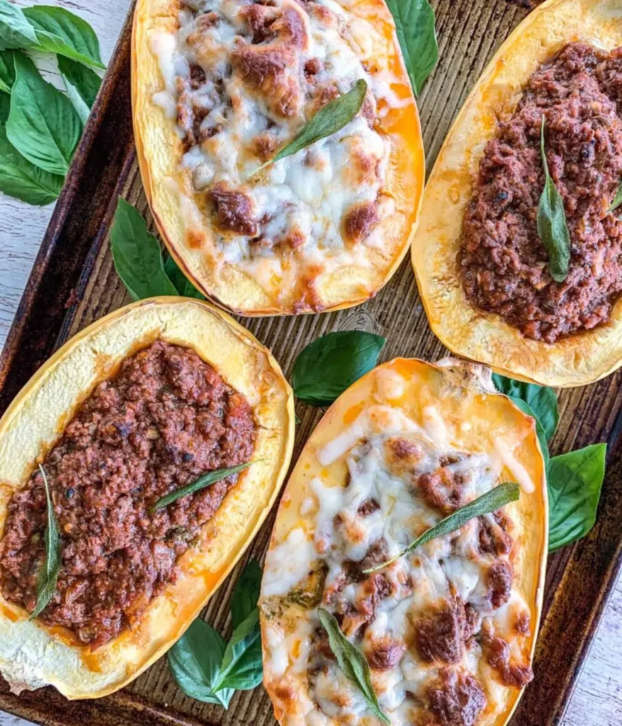 4 spaghetti squash halves filled with ground beef and cheese on a baking sheet.