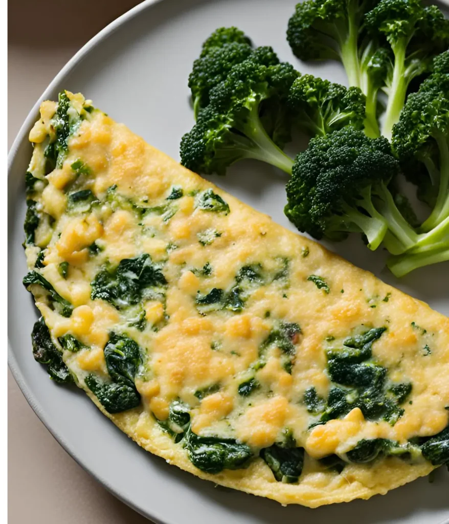 A two-egg omelet with spinach and broccoli on a plate.