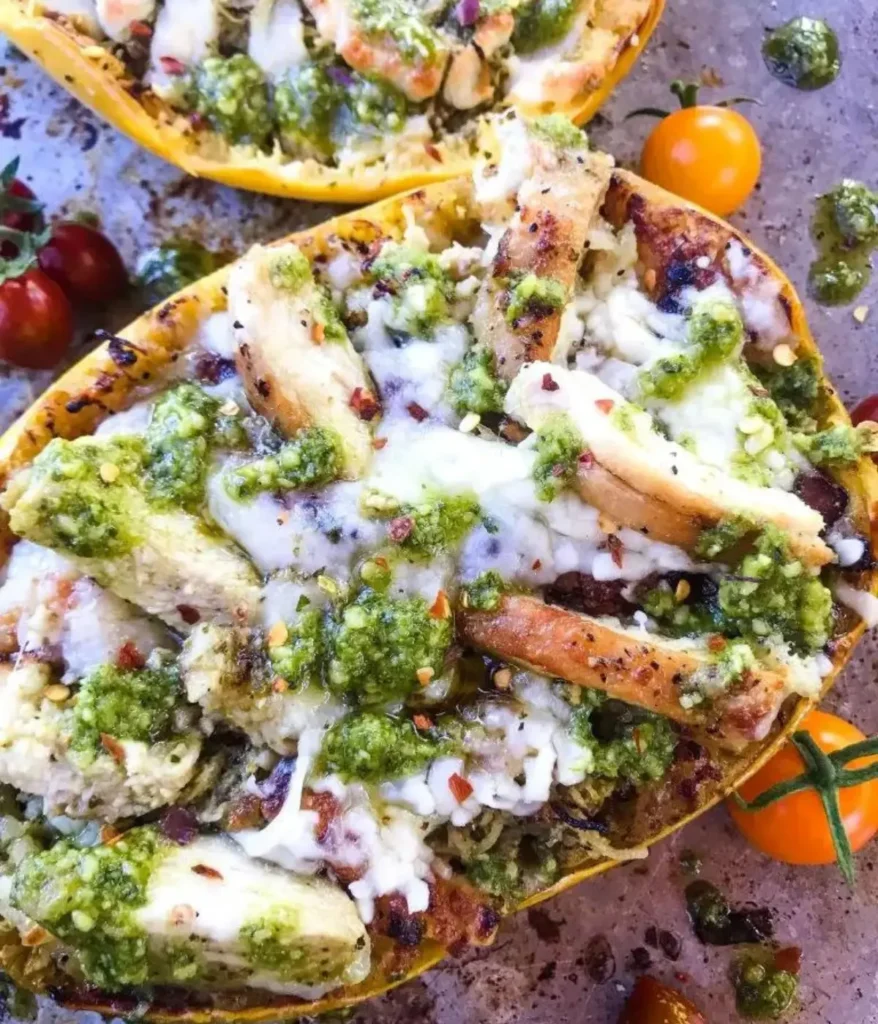 Two baked spaghetti squash halves filled with chicken and a pesto sauce and topped with cheese.