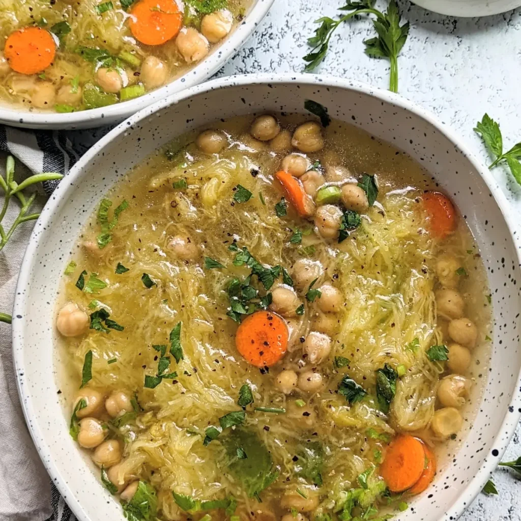 A chicken noodle soup made with spaghetti squash noodles in a bowl on a table.