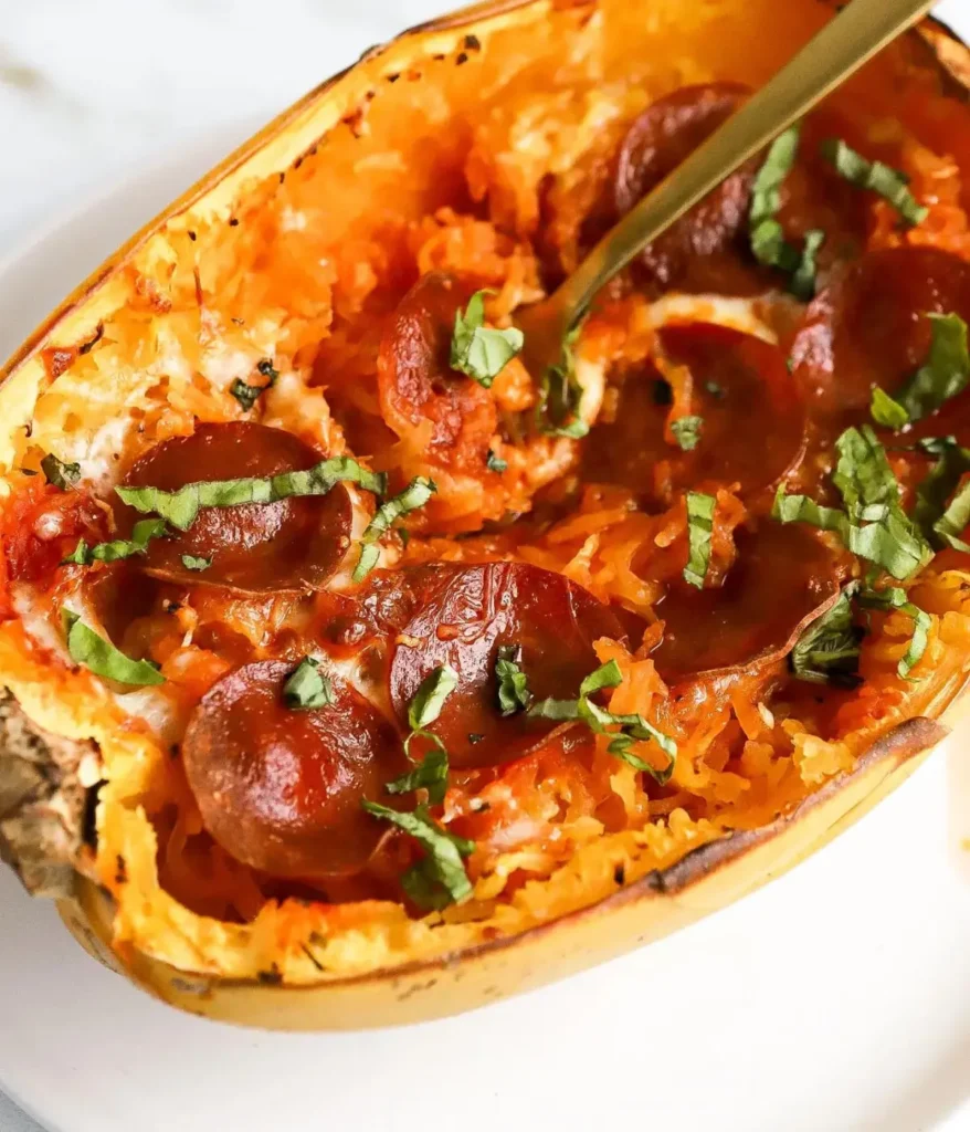 A pepperoni pizza spaghetti squash boat with a fork in it on a white plate.