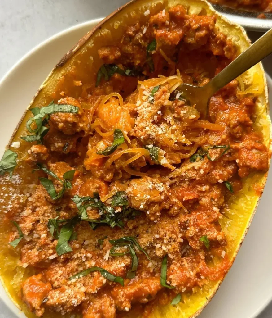 A spaghetti squash half filled with turkey bolognese with a fork in it on a plate.