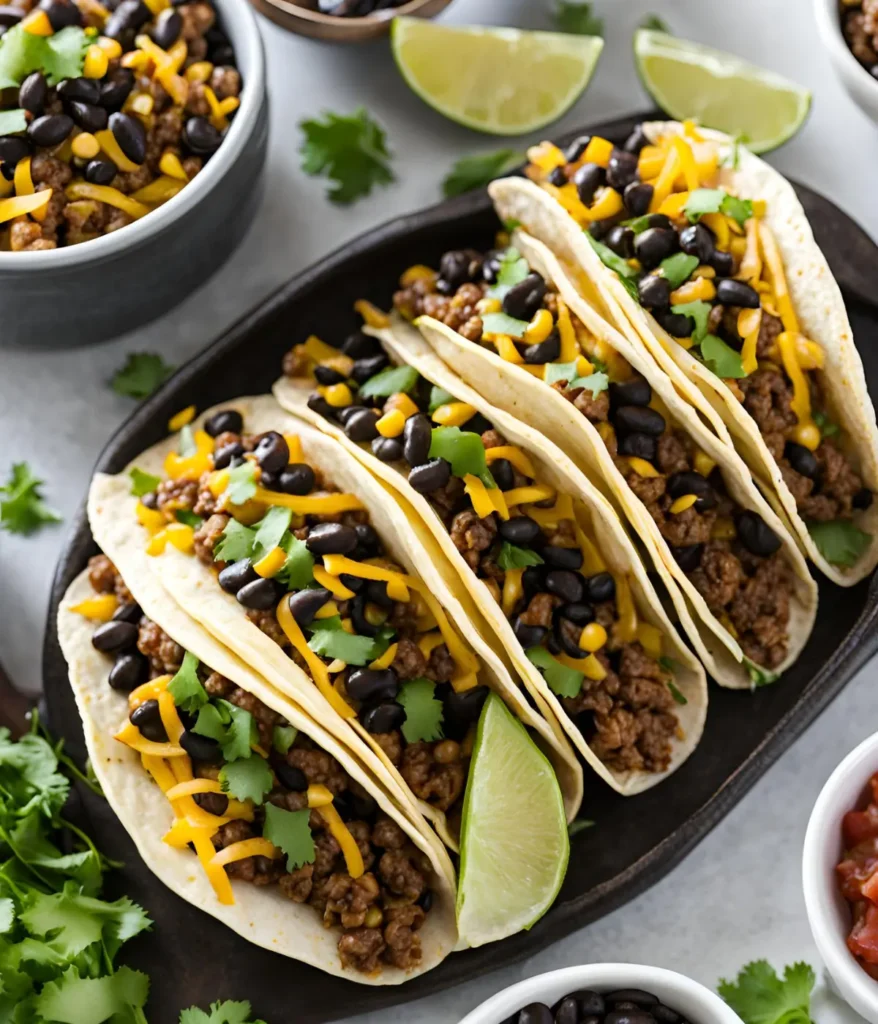 Fully assembled black bean and ground beef tacos on a platter on a dining table.