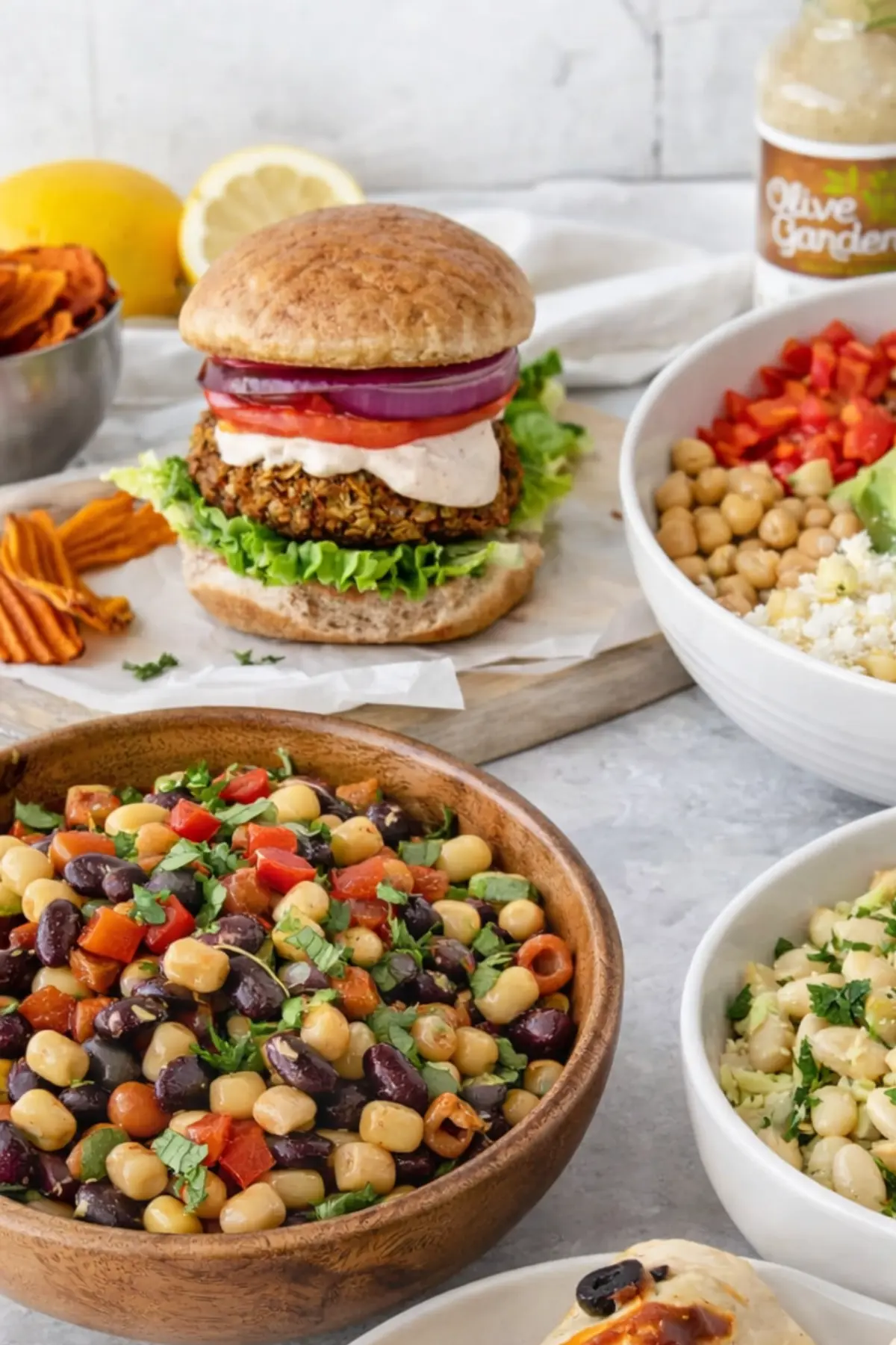 A counter with bean salads, a chickpea burger, and a burrito.