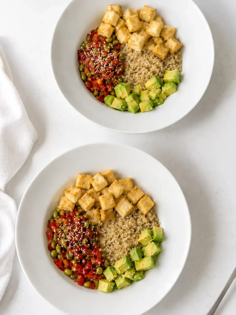 A birds-eye view of two quinoa, edamame and crispy tofu bowls with veggies on a table.