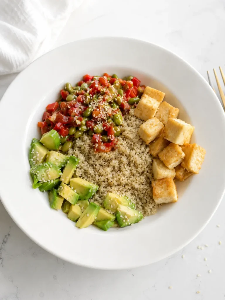 A birds-eye view of a tofu edamame bowl on a table next to a napkin and fork.