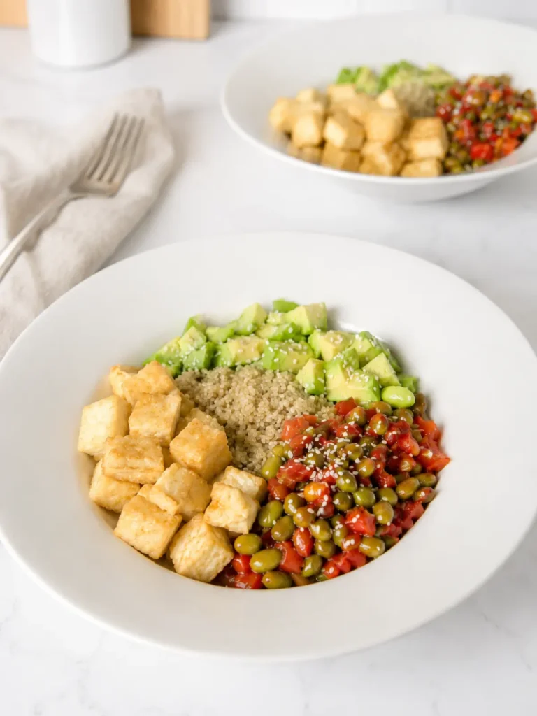 A high protein tofu and edamame bowl on a counter.