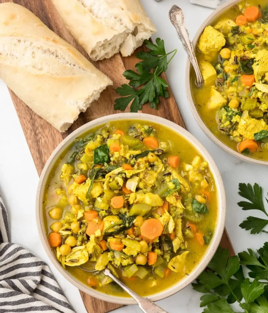 A large bowl of turkey and wild rice soup on a wood cutting board next to a loaf of bread on a table.