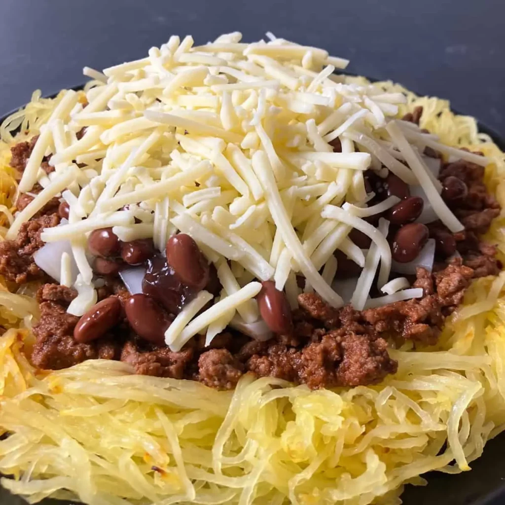 A close-up of Cincinnati chili spaghetti squash in a bowl.