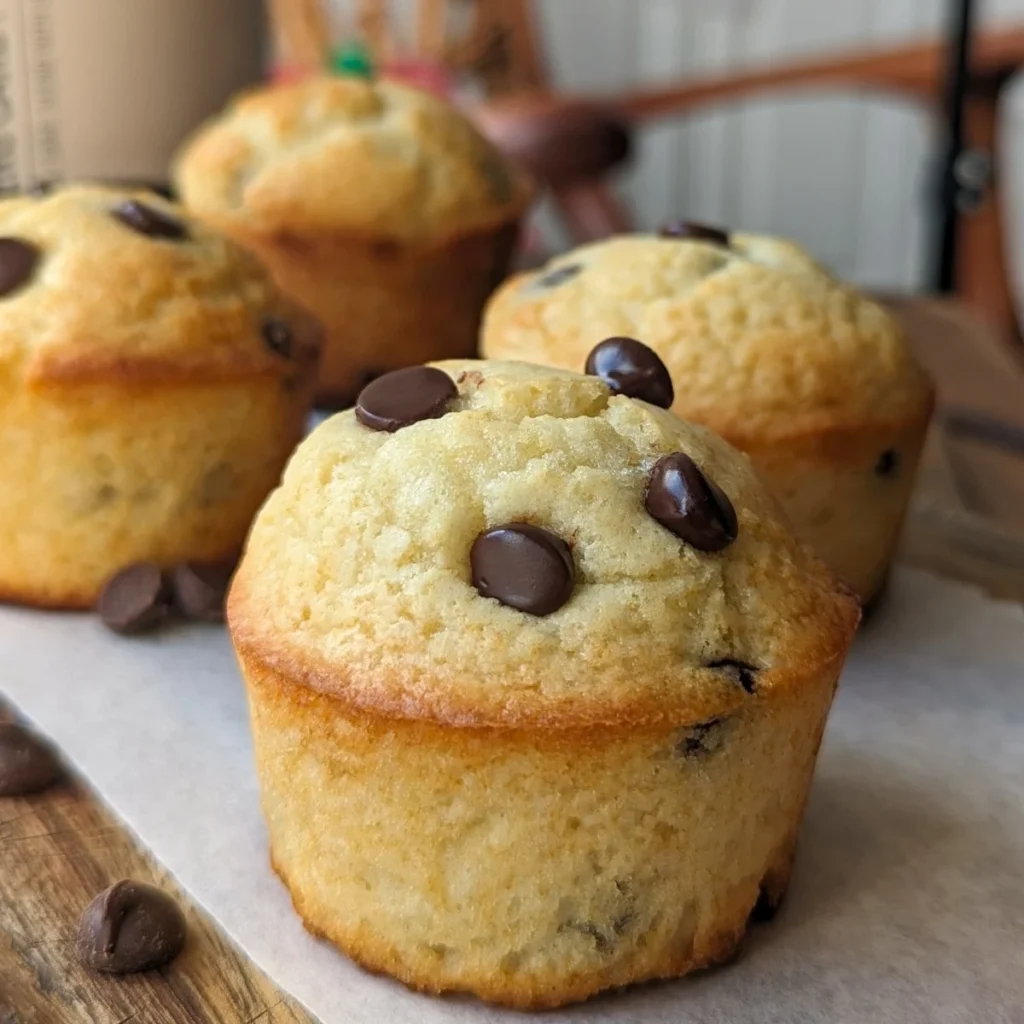 Chocolate chip muffins with protein powder on a table.
