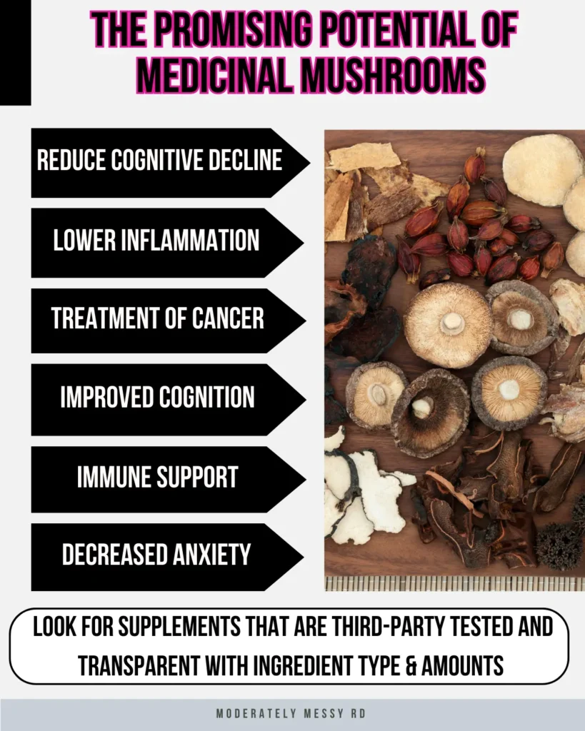 An infographic listing the benefits of medicinal mushrooms with a picture of various types of mushrooms.