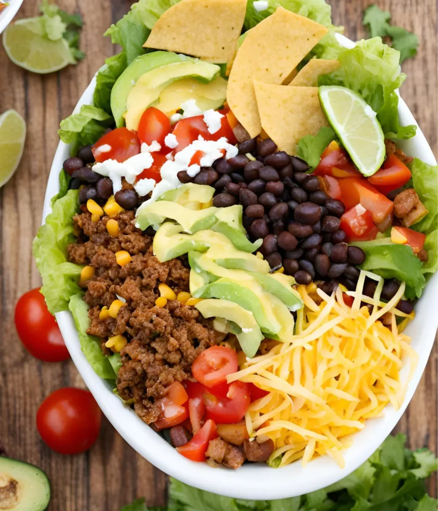 A taco salad with lettuce, ground beef, black beans, shredded cheese, and sliced avocado in a bowl on a table.