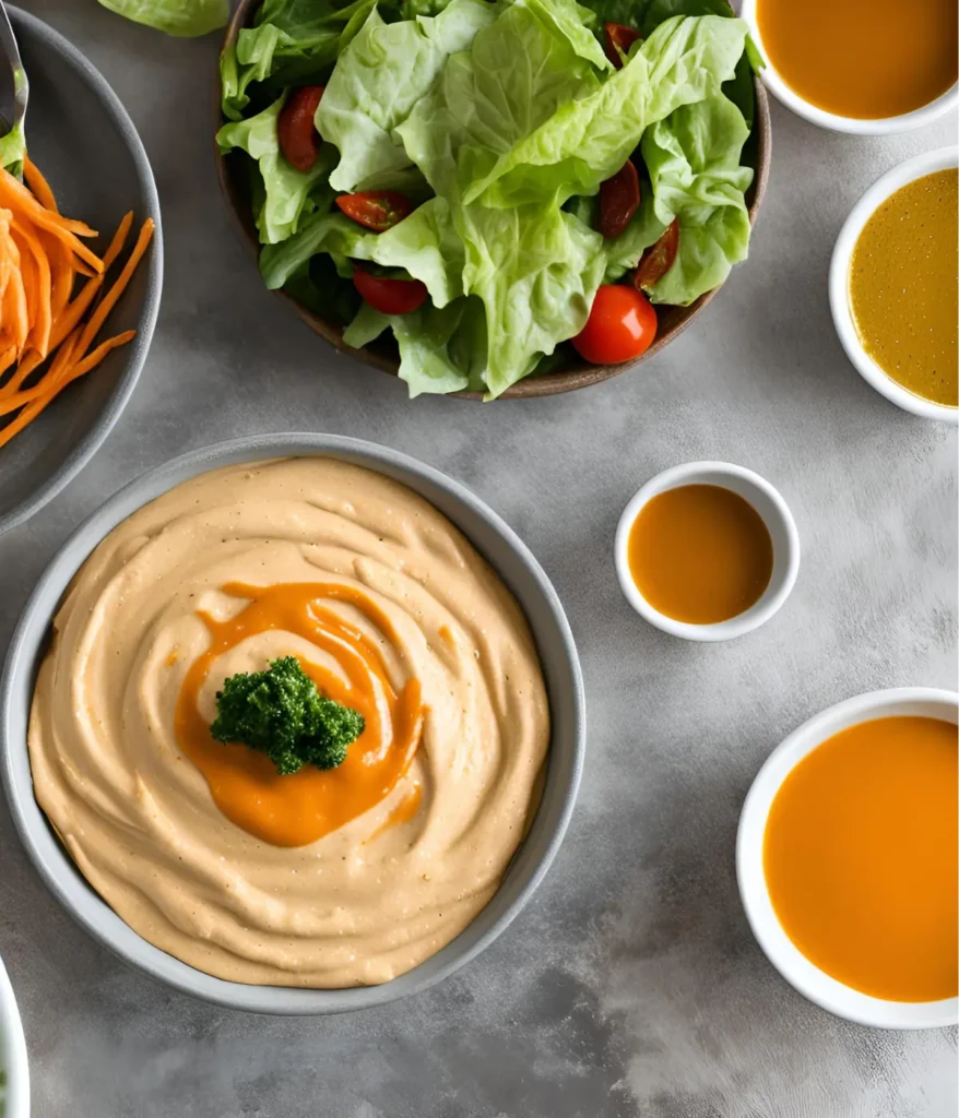 A bowl of hummus on a counter next to bowls of various sauces for component cooking.