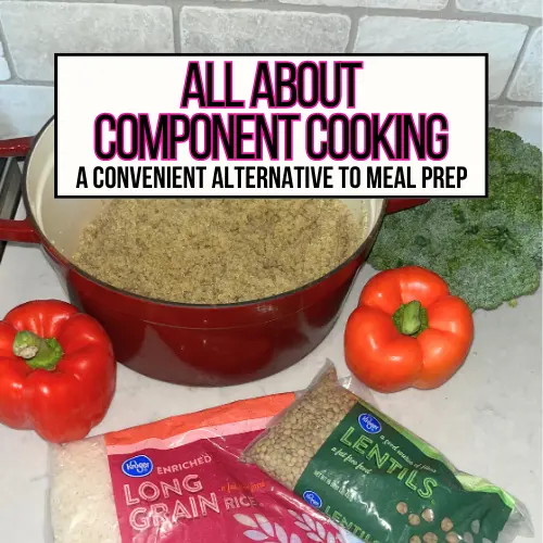 A large pot of quinoa on a counter next to peppers, broccoli, a bag of rice and a bag of lentils.