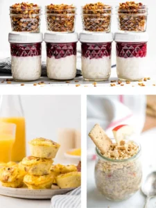 Jars of yogurt parfaits, egg bites and a apple cinnamon chia pudding collage.