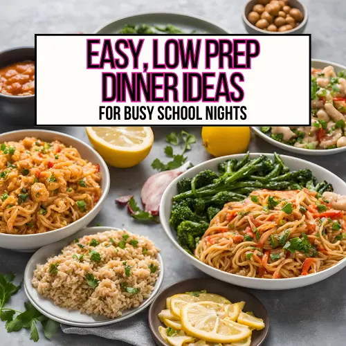 Easy, low prep dinner ideas on a table garnished with lemon wedges.