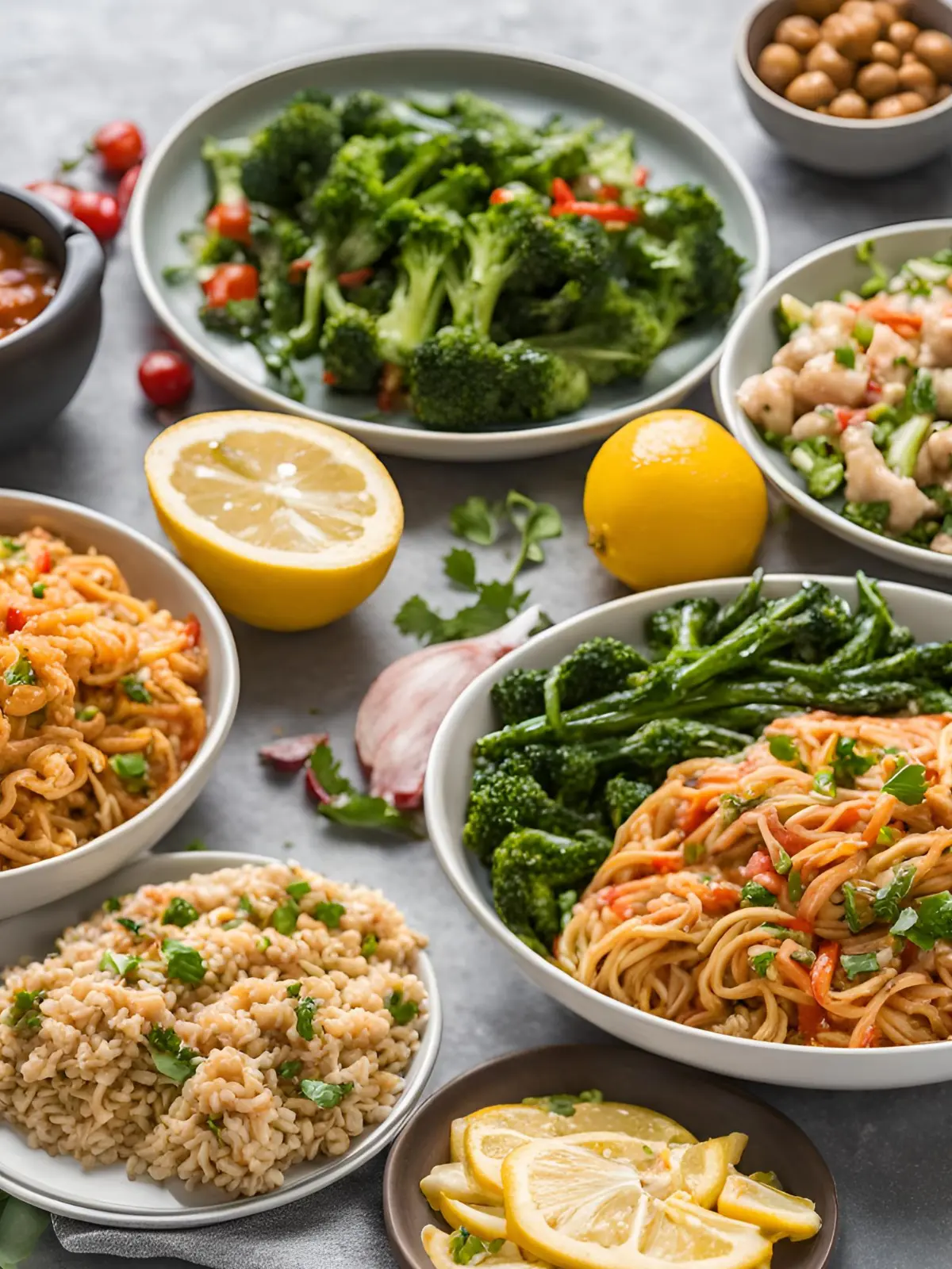Easy, low prep dinner ideas on a table garnished with lemon wedges.