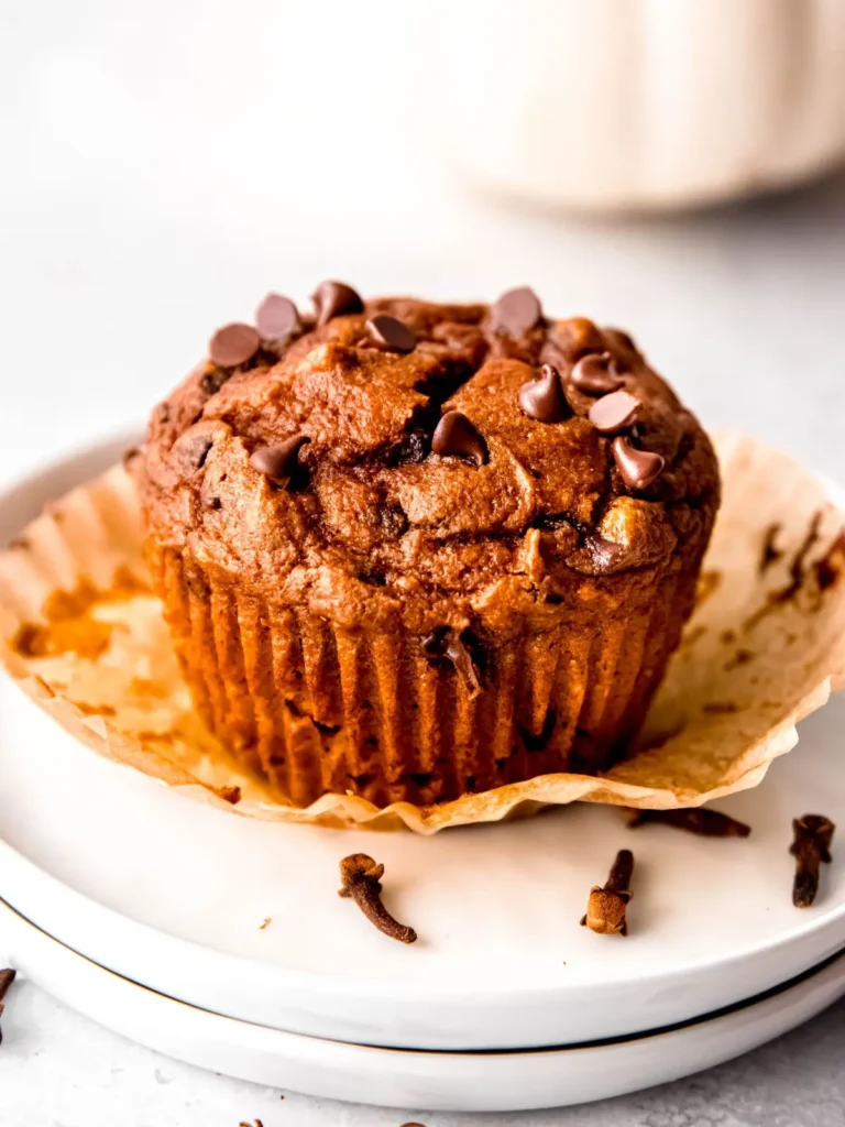 A pumpkin protein muffin unwrapped and on a plate.