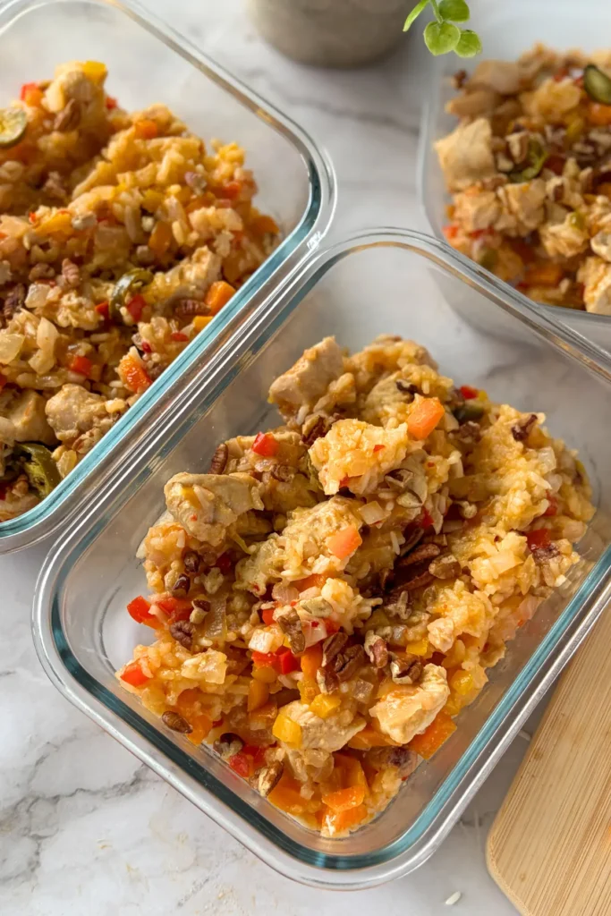 Coconut chicken casserole meal prepped in glass storage containers on a counter.