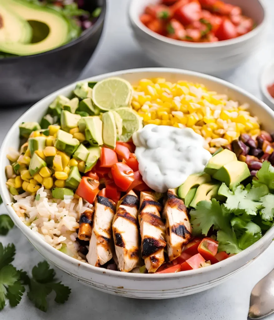 A chicken burrito bowl on a table next to sliced avocado and diced tomatoes.