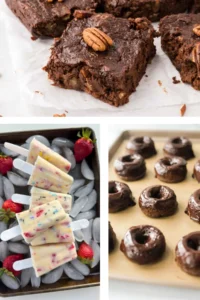 A collage of black bean brownies, avocado donuts and birthday cake yogurt popsicles.