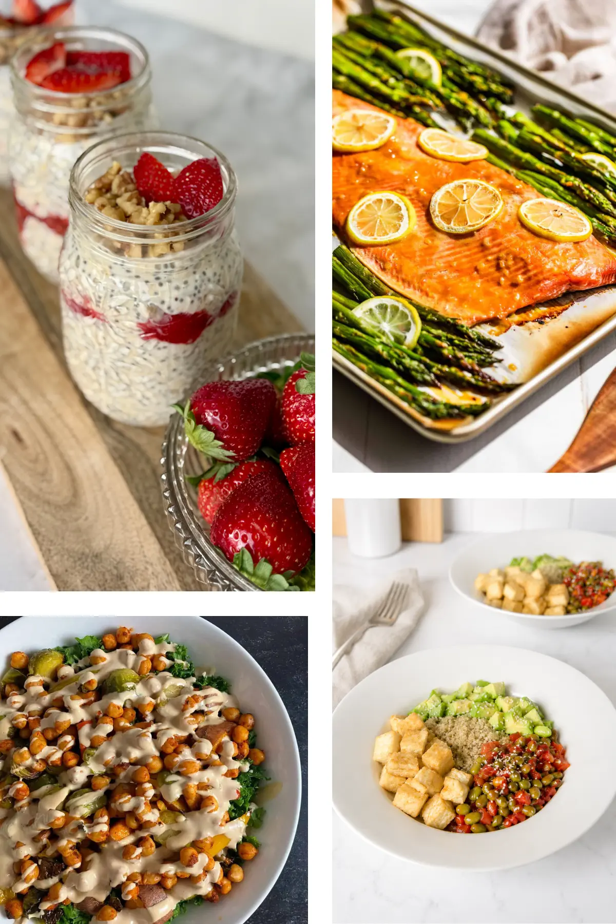 A collage of photos like overnight oats, sheet pan salmon, a chickpea salad and a tofu edamame bowl.