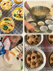 A collage of four photos: two of which a young girl is cooking in the kitchen and the other two are photos of egg cups and chocolate chip muffins.