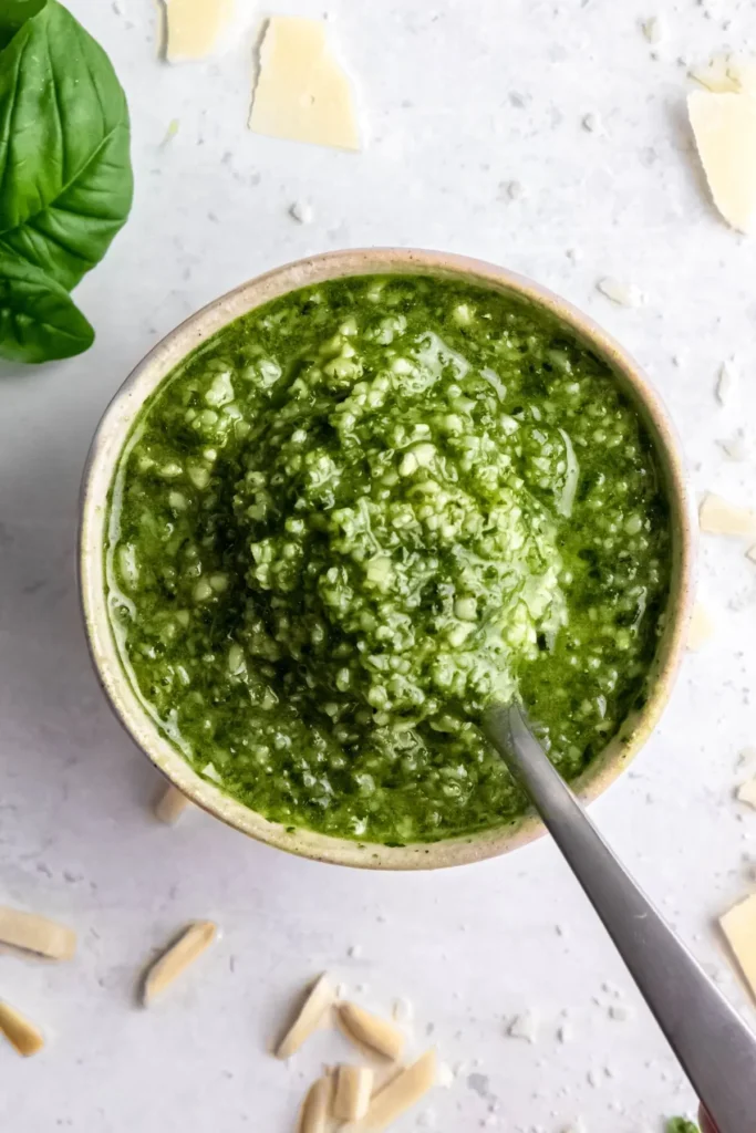 Almond basil pesto in a bowl with a spoon in it on a counter.