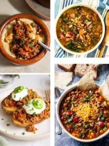 A collage of four healthy yet comforting dinner recipes.