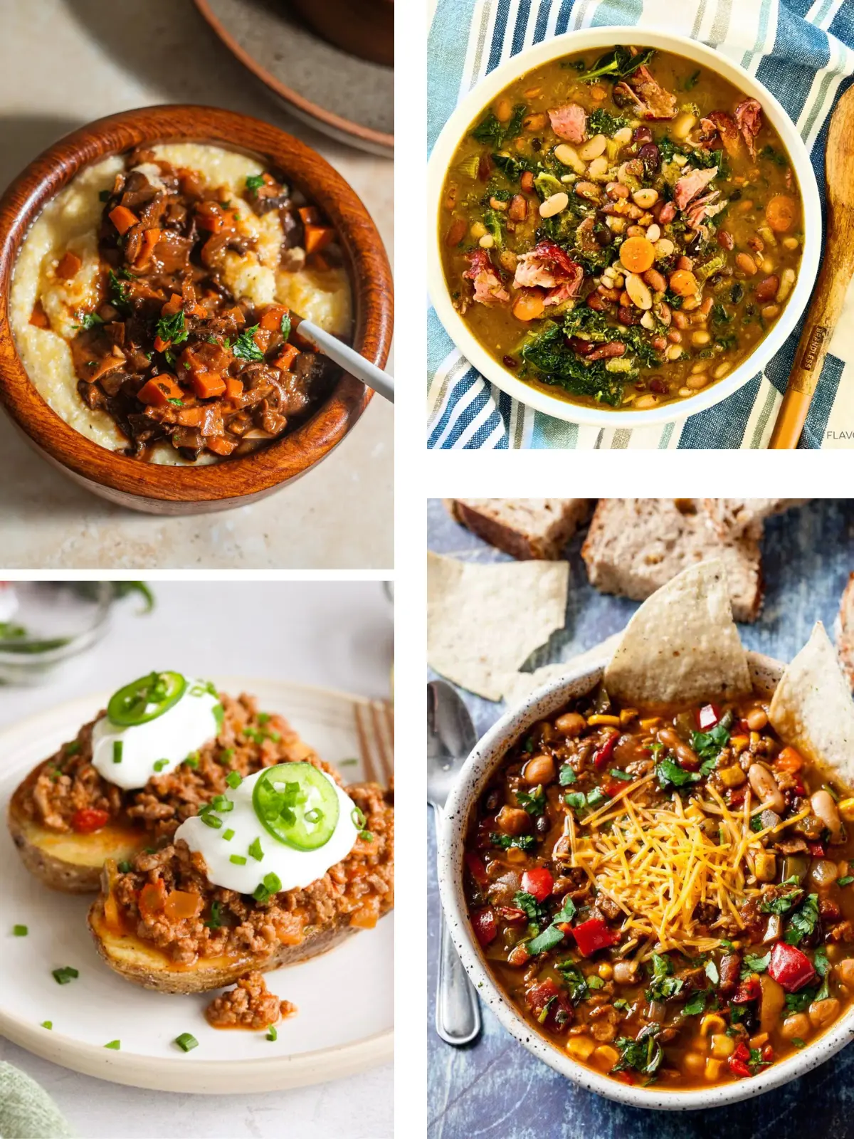 A collage of four healthy yet comforting dinner recipes.