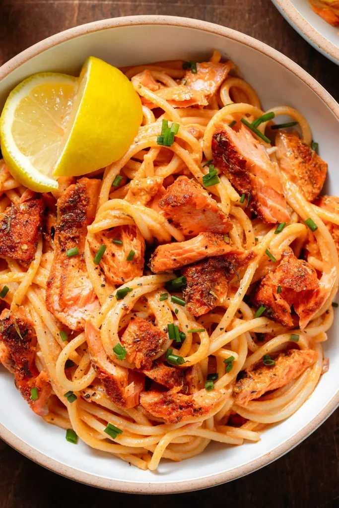 A bowl of creamy Cajun pasta with flaked salmon and a lemon wedge.