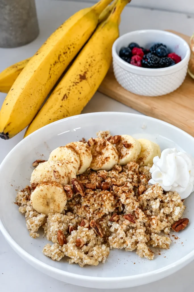 A banana cinnamon coconut quinoa bowl topped with whipped cream on a table.
