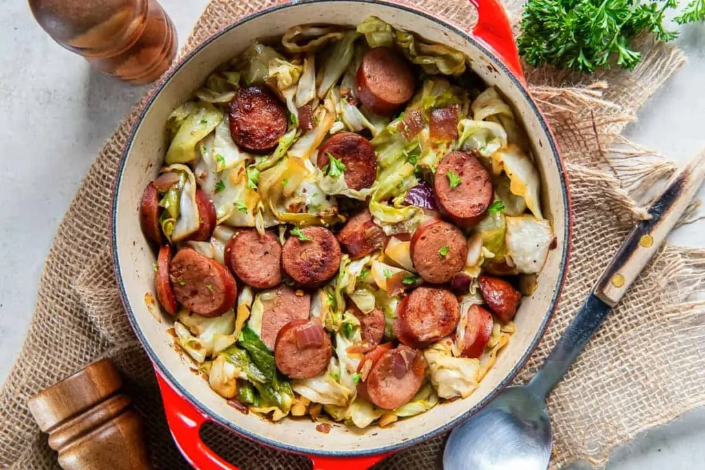 Sliced sausage and cabbage in a pan on a table.