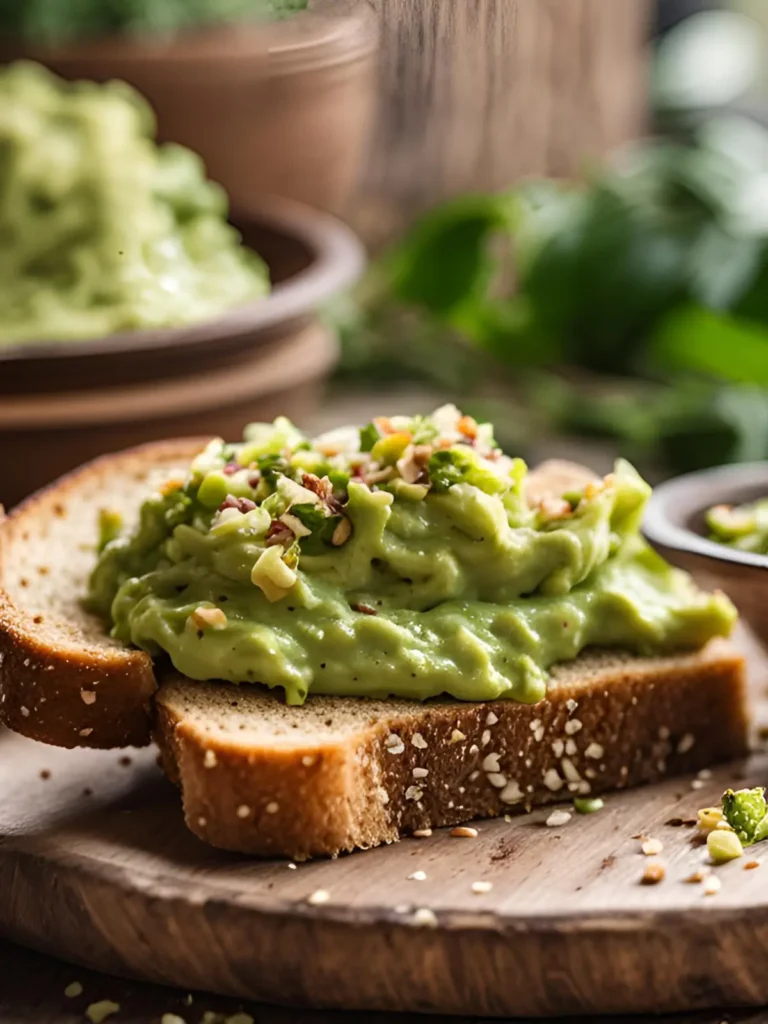 A slice of toast topped with guacamole and hemp hearts on a plate on a counter.