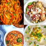 A collage of four high protein slow cooker dinners.