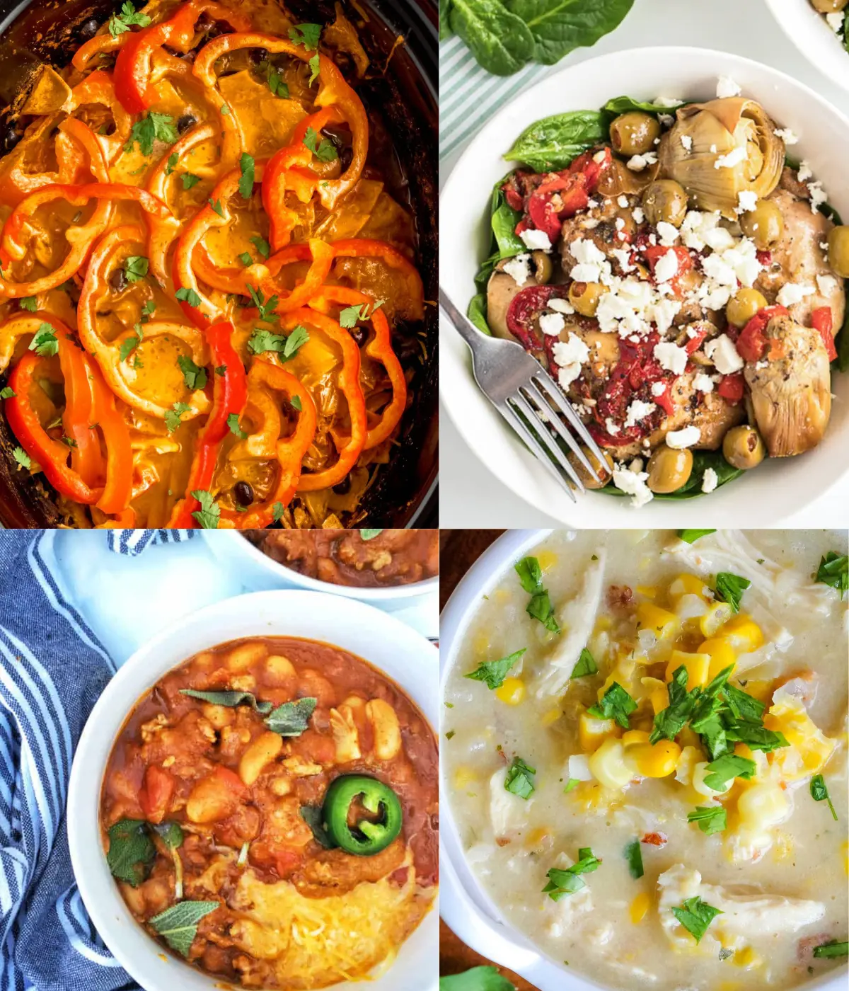 A collage of four high protein slow cooker dinners.