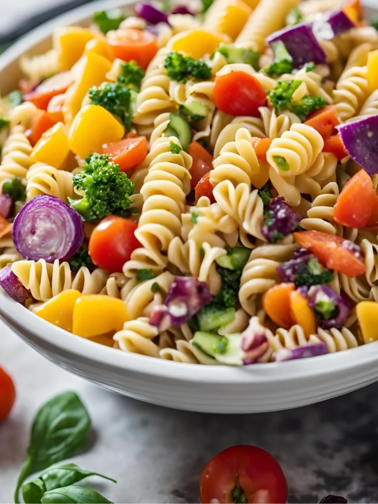 A tomato and onion pasta salad in a bowl on a table.