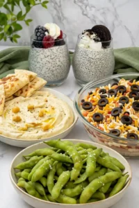 Chia pudding, hummus, taco dip and steamed edamame on a bright white counter in a kitchen.