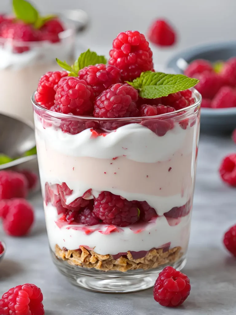 A raspberry and yogurt parfait on a counter next to more parfaits.