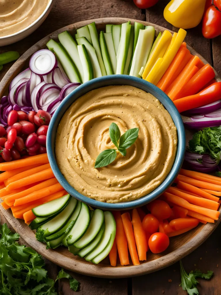 A veggie tray with a variety of different vegetables and a bowl of hummus in the center.