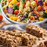 A collage of two images: a high protein and fiber pasta salad in a bowl and then three oatmeal protein bars on a wooden cutting board.