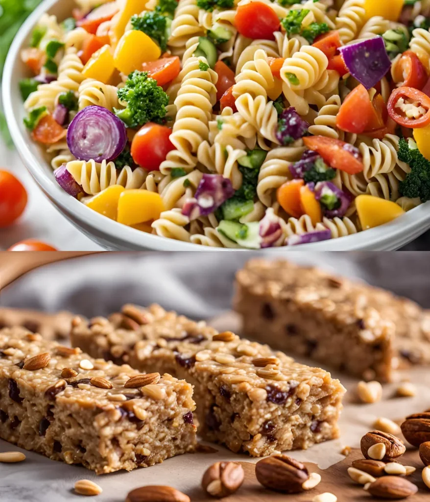 A collage of two images: a high protein and fiber pasta salad in a bowl and then three oatmeal protein bars on a wooden cutting board.