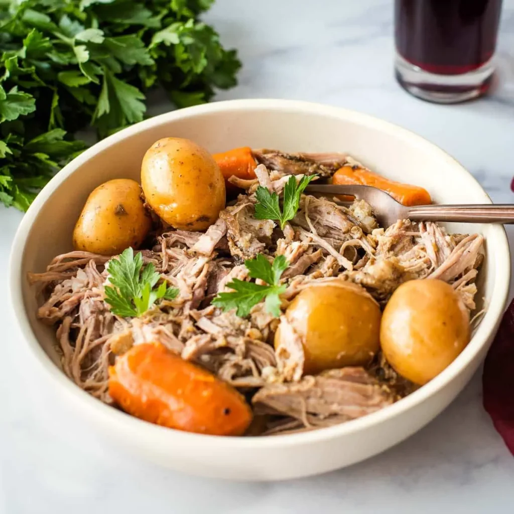 A bowl of slow cooker roasted pork with potatoes and carrots on a table.