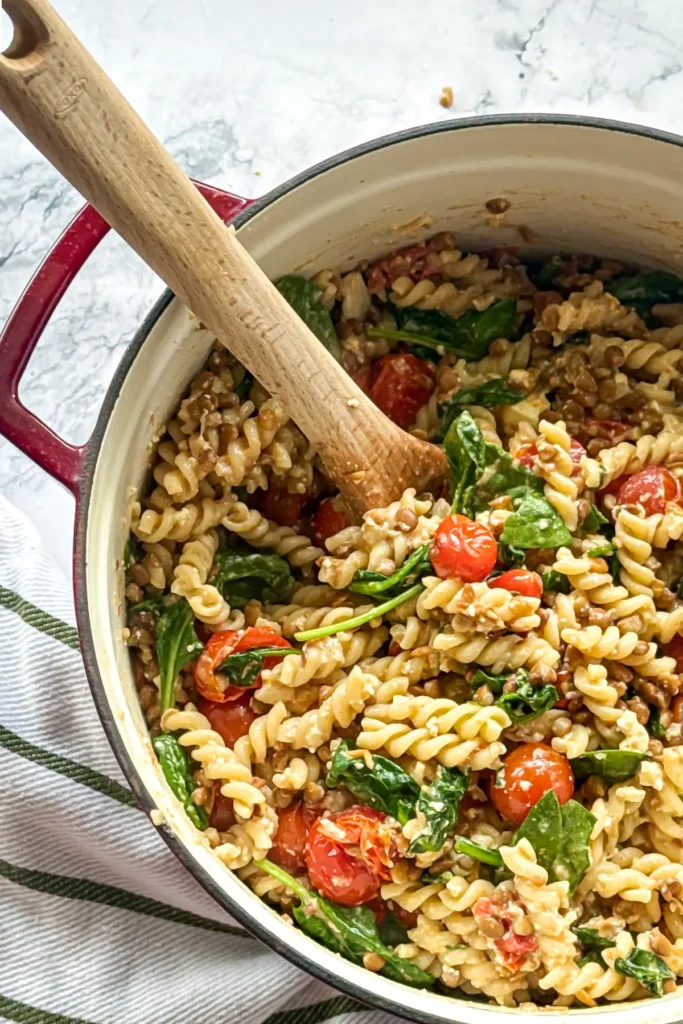 A birds-eye view of a big pot of high protein and fiber lentil pasta on a white towel.