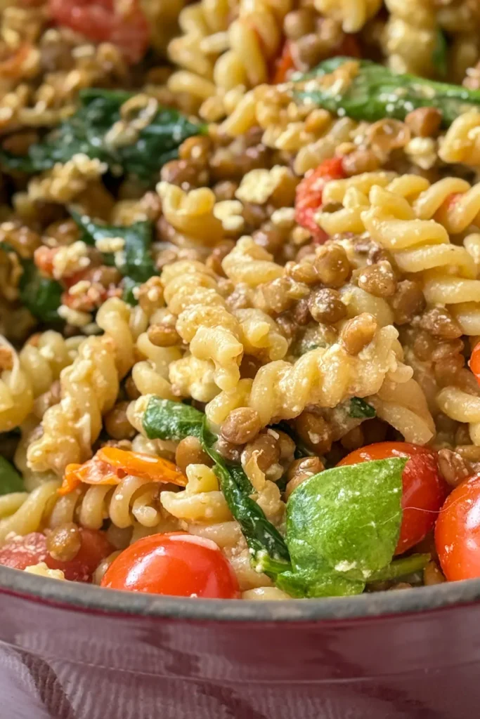 A close-up of a big pot of feta, tomato, lentil pasta with roasted tomatoes.