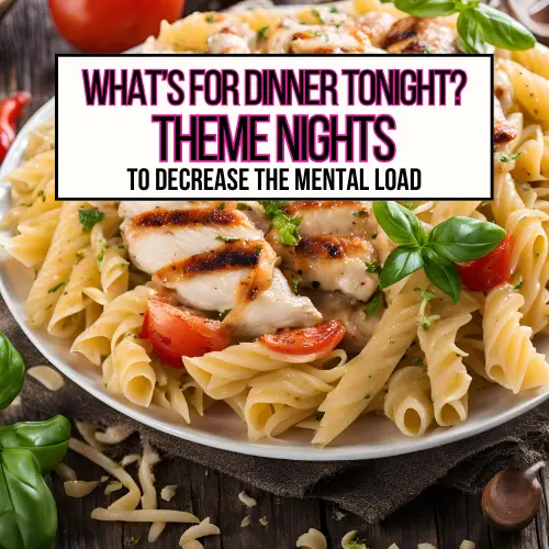 A bowl of pasta with grilled chicken and tomatoes on a dinner table.