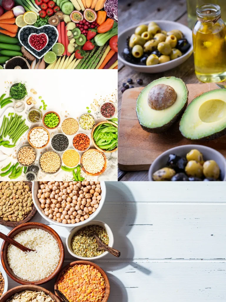 A collage of images showing healthy foods like olive oil, avocados, high fiber foods, fruits and vegetables.