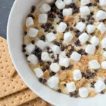 A close-up of a large bowl of s'mores dip next to graham cracker sheets.