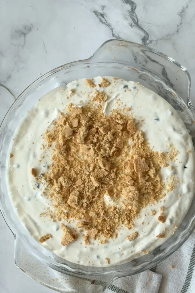 The cottage cheese s'mores dip poured into a glass circular dish and topped with crushed graham crackers.