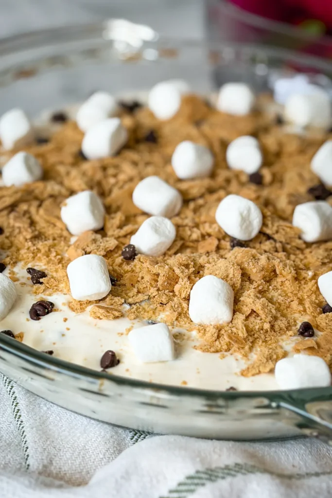 An image showing the side of the fully assembled s'mores dip topped with graham crackers, chocolate chips and mini marshmallows on a counter. 
